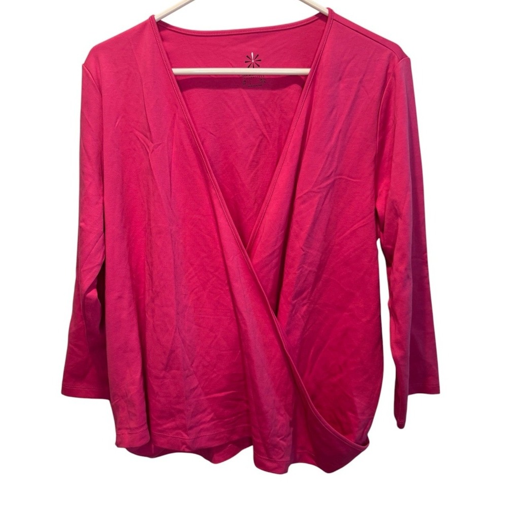 Isaac Mizrahi Women Pink Knit Top Surplice Wrap Front Essentials L NEW